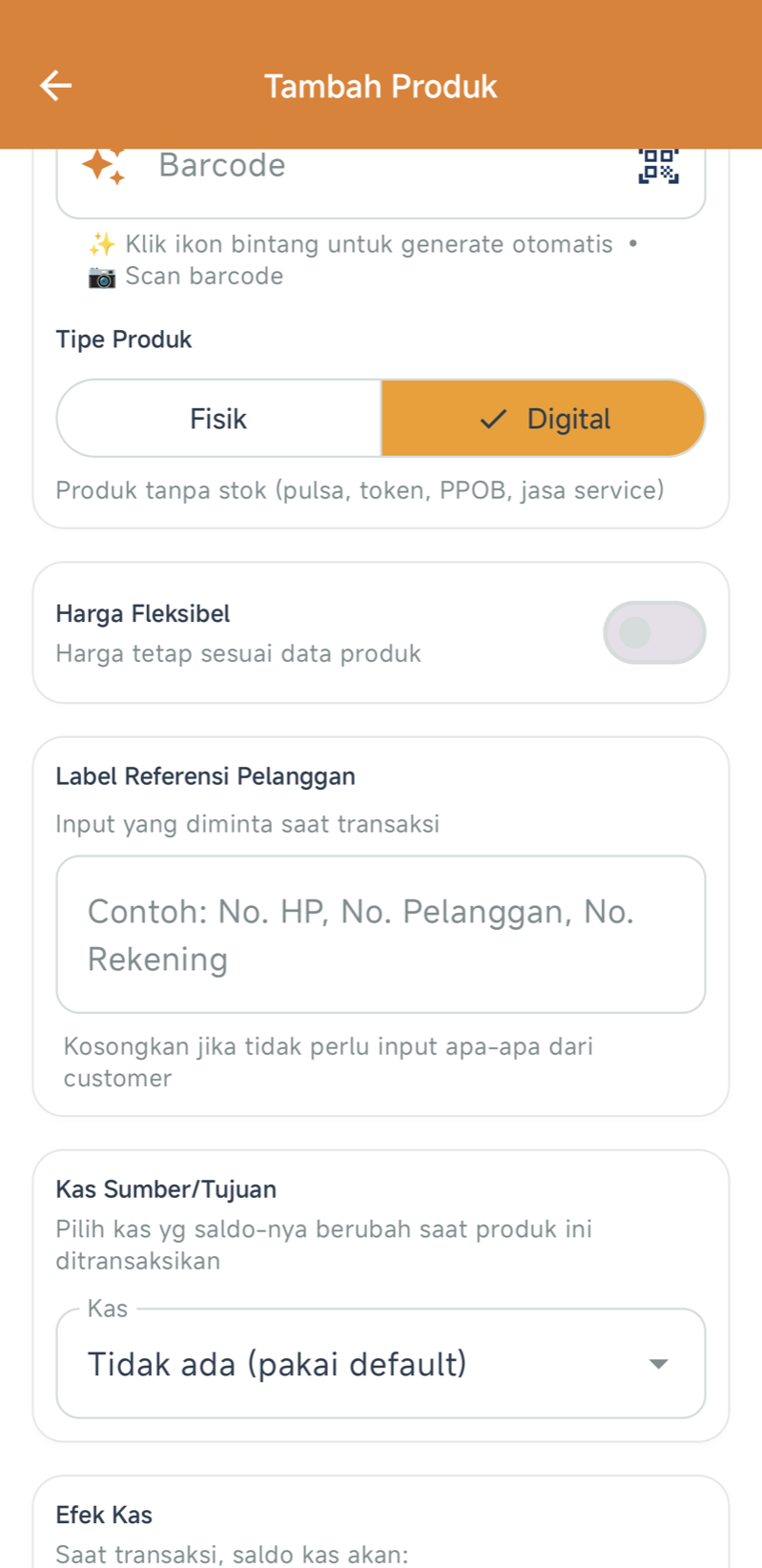 Form Tambah Produk dengan Tipe Produk disetel ke Digital — muncul Harga Fleksibel, Label Referensi Pelanggan, dan Kas Sumber/Tujuan