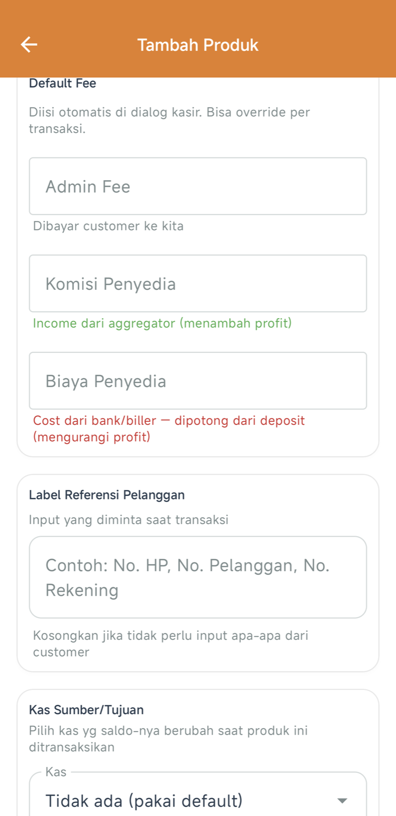 Bagian Default Fee — Admin Fee (dibayar customer ke kita), Komisi Penyedia (income dari aggregator, menambah profit), Biaya Penyedia (cost dari bank/biller, mengurangi profit)