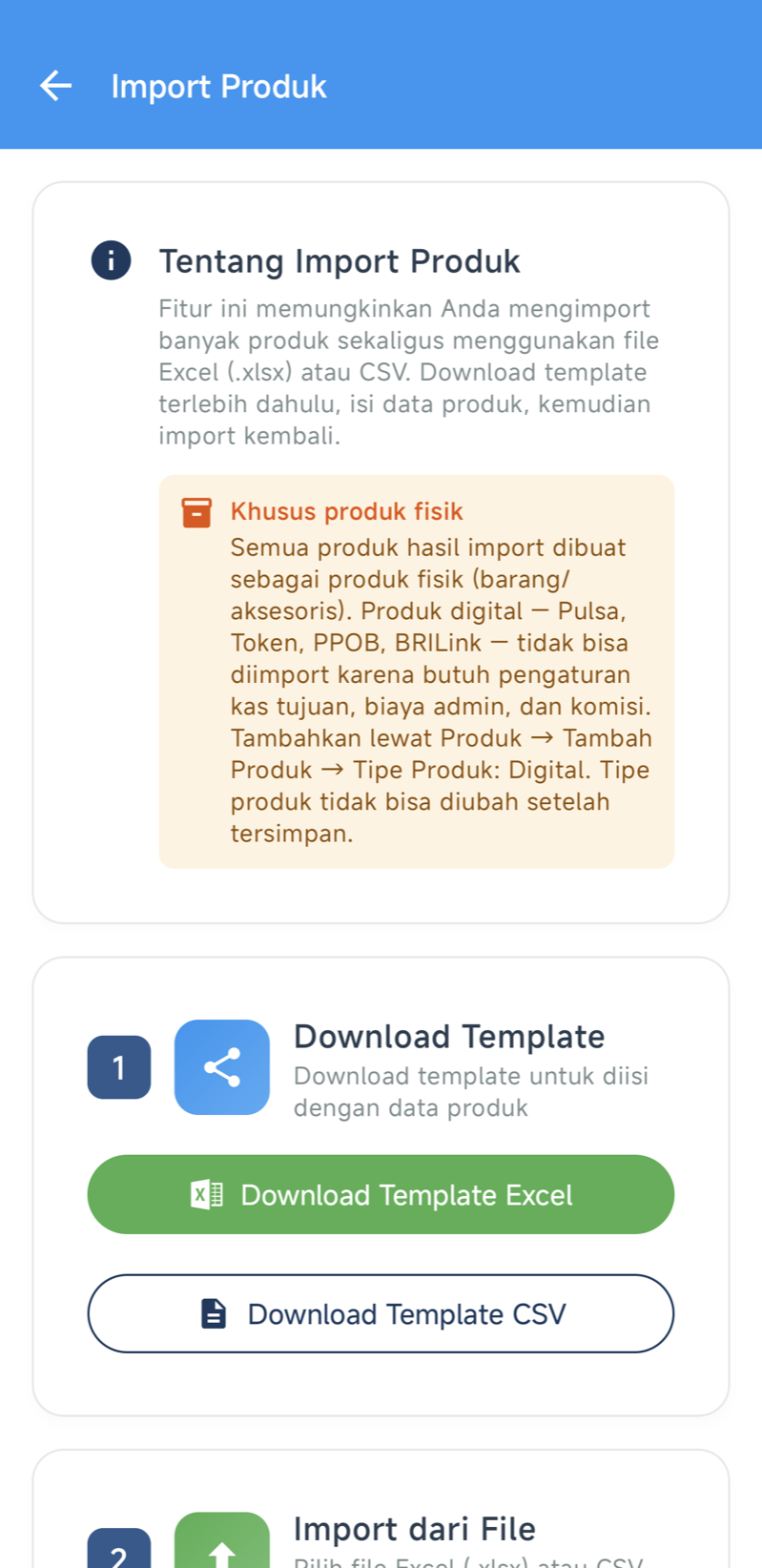 Layar Import Produk — kartu penjelasan dengan kotak oranye “Khusus produk fisik”, tombol Download Template Excel dan CSV, lalu langkah Import dari File