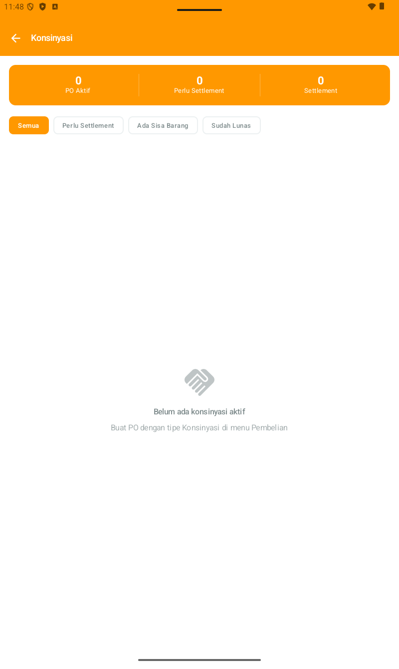 Halaman Konsinyasi โ header oranye, stat card dengan 3 angka: 0 PO Aktif | 0 Perlu Settlement | 0 Settlement. Filter tabs: Semua (selected oranye), Perlu Settlement, Ada Sisa Barang, Sudah Lunas. Empty state: handshake icon + 'Belum ada konsinyasi aktif / Buat PO dengan tipe Konsinyasi di menu Pembelian'