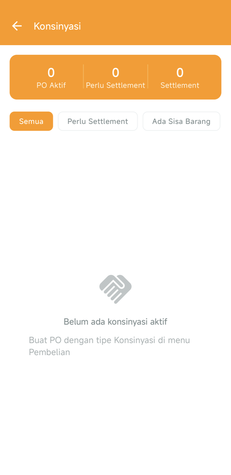 Halaman Konsinyasi — tiga penghitung PO Aktif, Perlu Settlement, dan Settlement; filter Semua / Perlu Settlement / Ada Sisa Barang