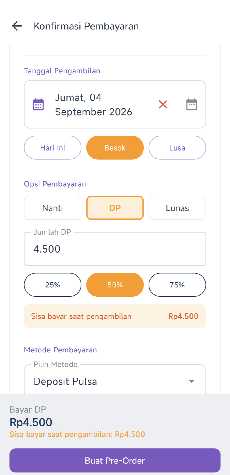 Opsi DP terpilih dengan Jumlah DP 4.500, pintasan 25% / 50% / 75%, keterangan “Sisa bayar saat pengambilan Rp4.500”, dan tombol Buat Pre-Order