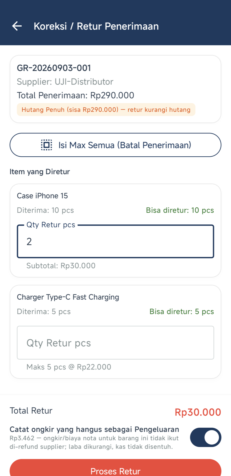 Layar Koreksi / Retur Penerimaan — nomor GR, badge “Hutang Penuh — retur kurangi hutang”, tombol Isi Max Semua, qty retur per barang, Total Retur, dan sakelar Catat ongkir yang hangus sebagai Pengeluaran