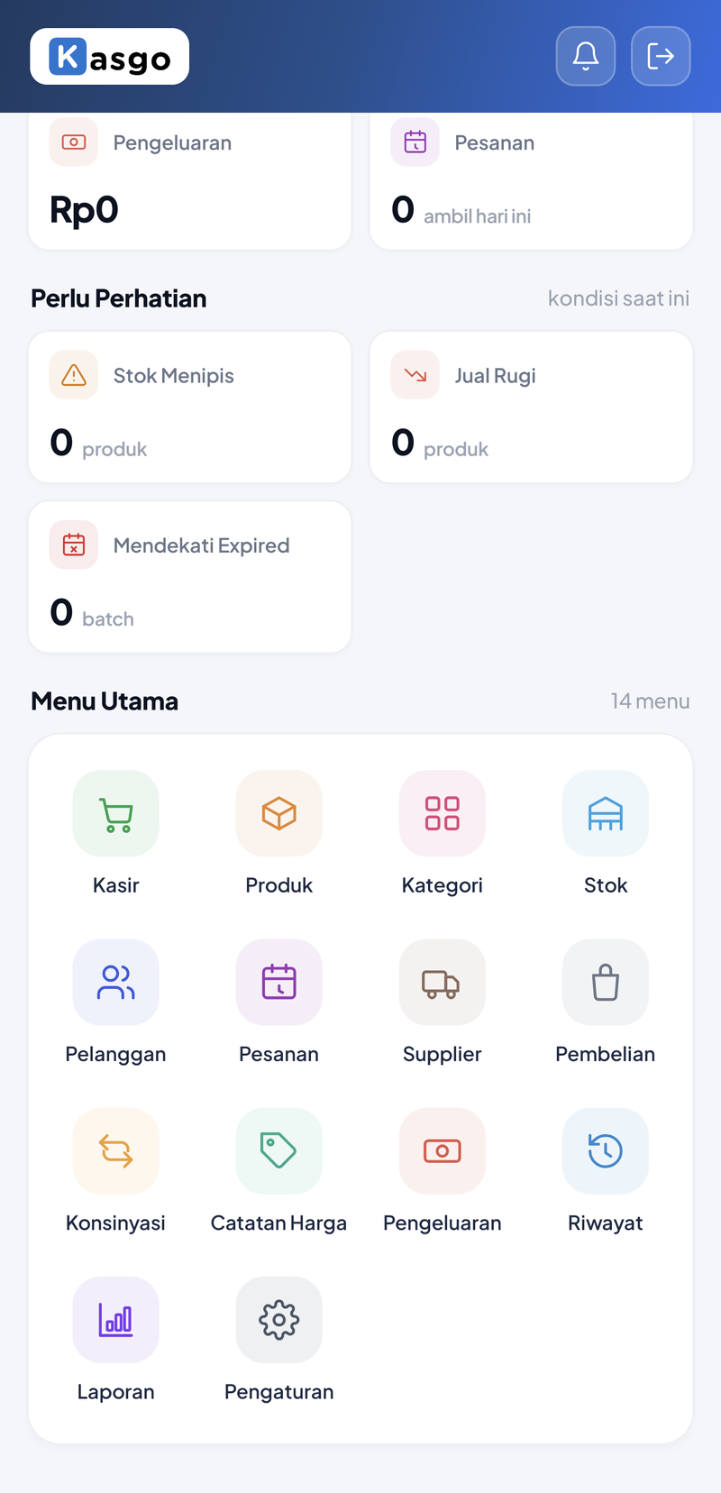 Menu Utama berisi 14 menu dalam grid 4 kolom: Kasir, Produk, Kategori, Stok, Pelanggan, Pesanan, Supplier, Pembelian, Konsinyasi, Catatan Harga, Pengeluaran, Riwayat, Laporan, Pengaturan
