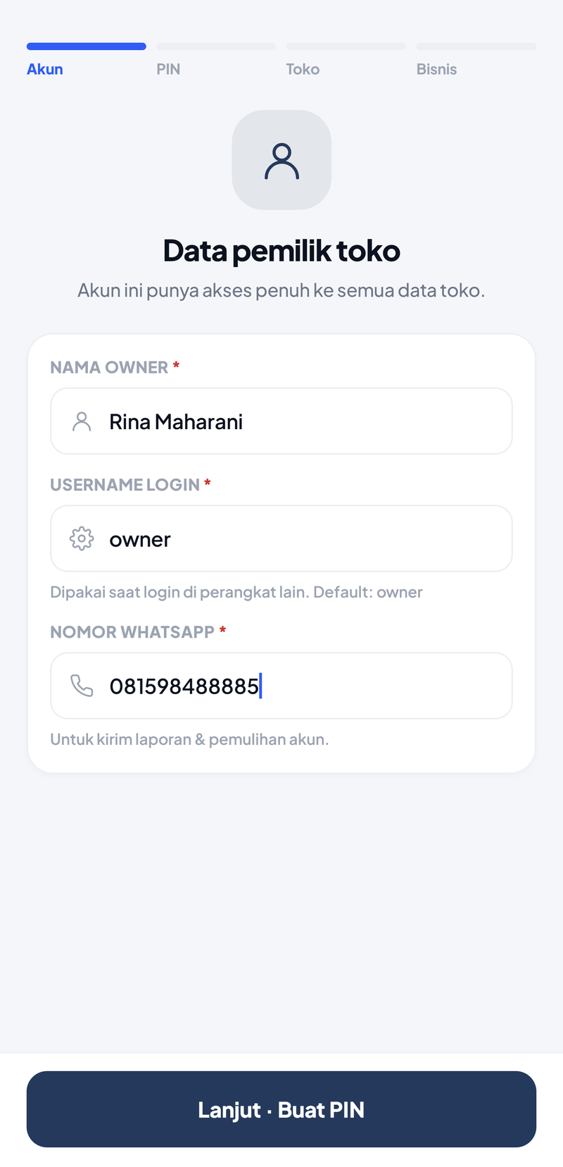 Langkah Akun: Nama Owner Rina Maharani, Username Login owner, Nomor WhatsApp terisi, tombol Lanjut · Buat PIN