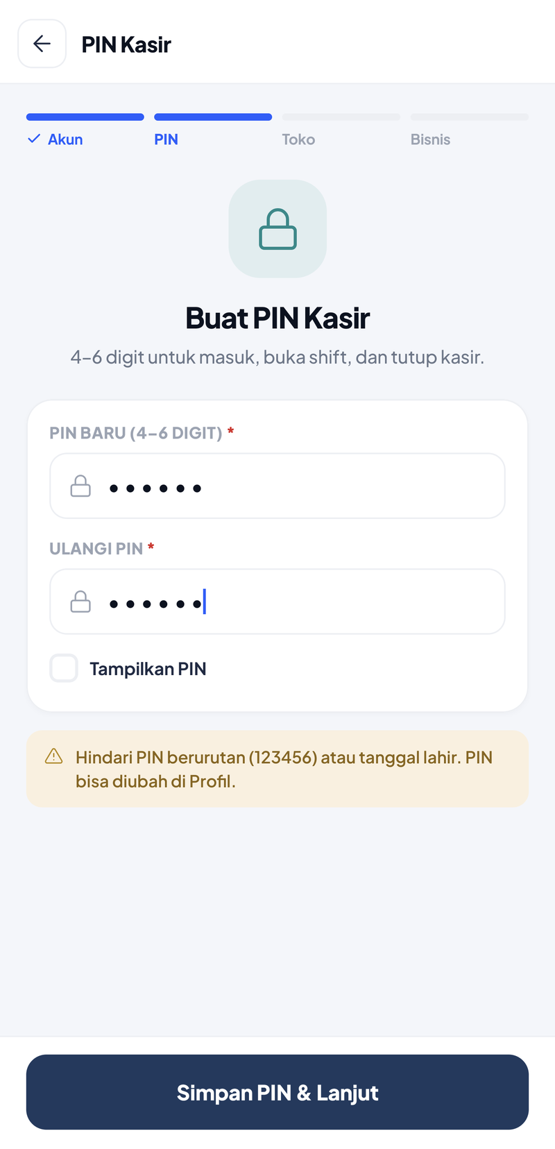 Langkah PIN: kolom PIN Baru dan Ulangi PIN berisi 6 digit tersamar, pilihan Tampilkan PIN, dan saran menghindari PIN berurutan