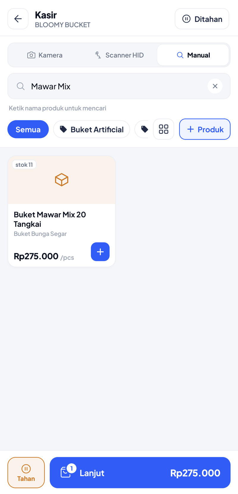 Pencarian Mawar Mix dengan tombol silang di ujung kolom cari, kartu Buket Mawar Mix 20 Tangkai Rp275.000, dan bar Lanjut Rp275.000