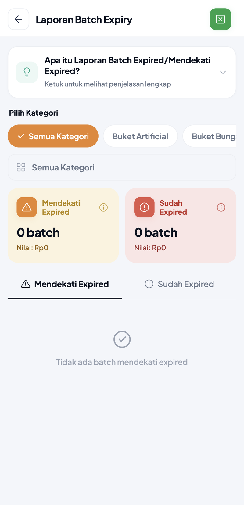 Batch Expired/Mendekati Expired: filter kategori, 0 batch mendekati expired dan 0 batch sudah expired (nilai Rp0), pesan semua batch masih aman