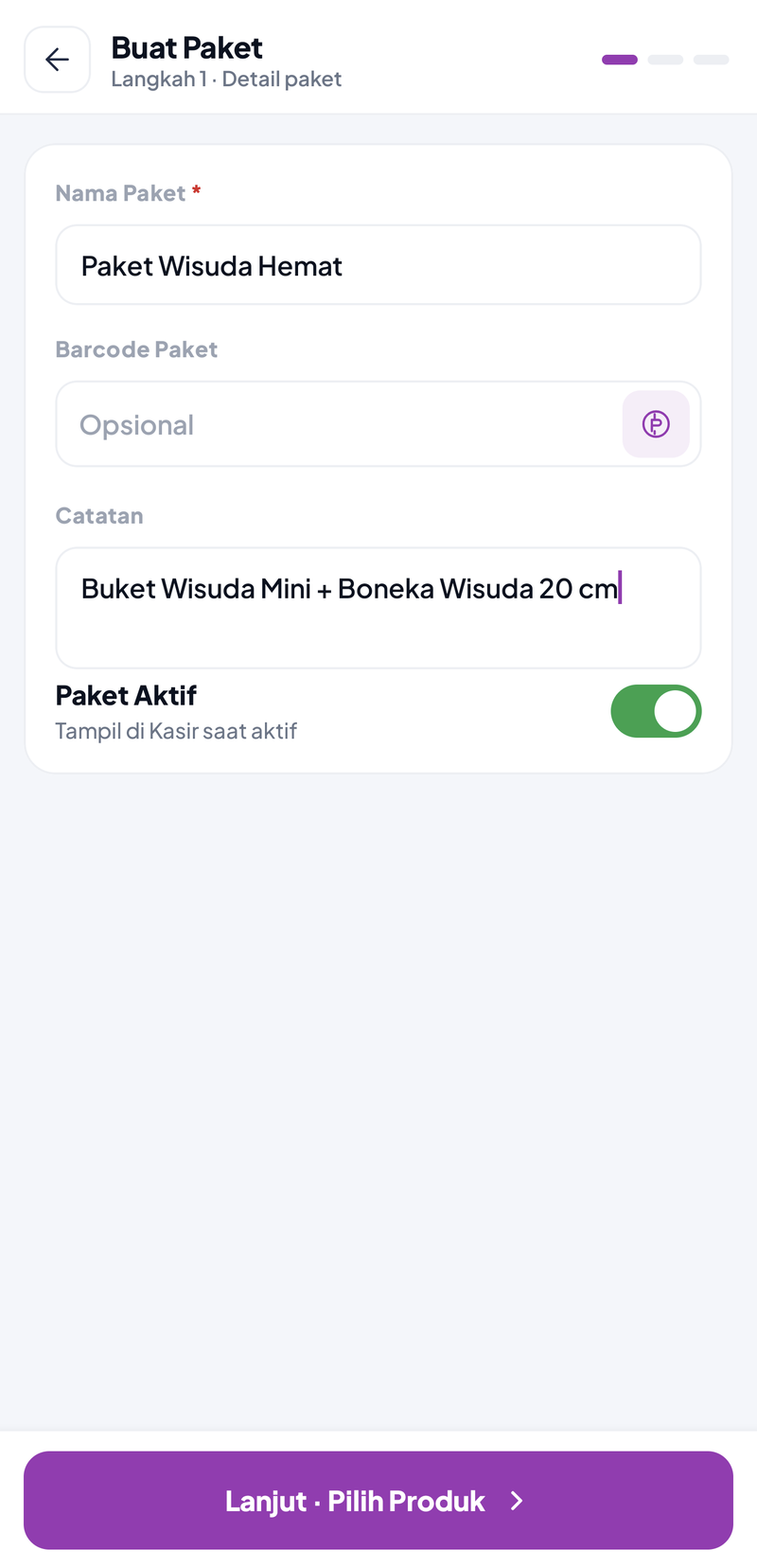 Buat Paket langkah 1: Nama Paket Paket Wisuda Hemat, Barcode Paket dengan tombol buat otomatis, Catatan isi paket, dan sakelar Paket Aktif