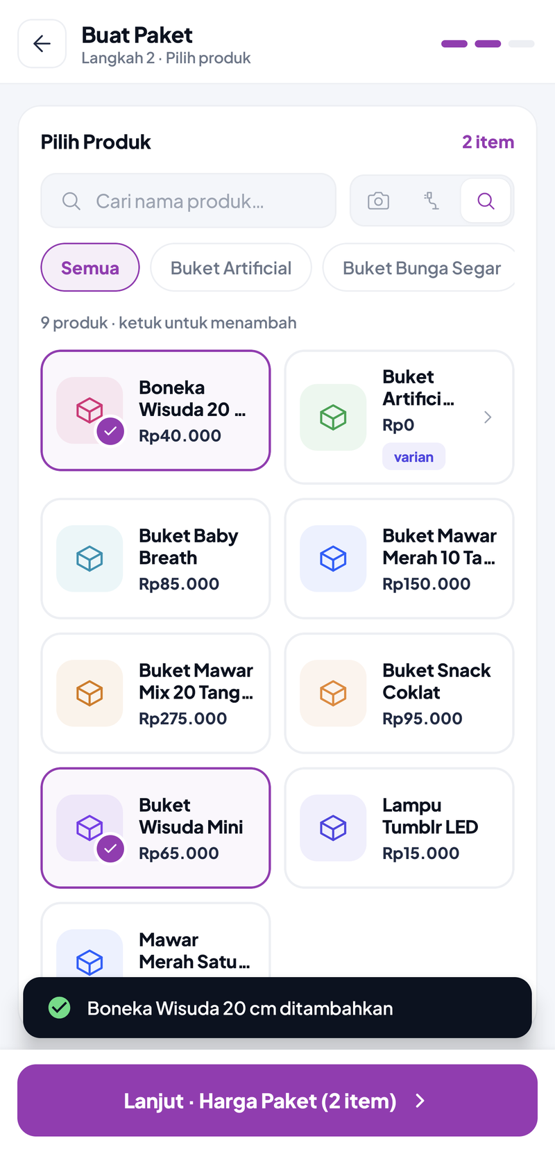 Buat Paket langkah 2: grid produk dengan pencarian dan filter kategori, 2 item terpilih, tombol Lanjut · Harga Paket (2 item)