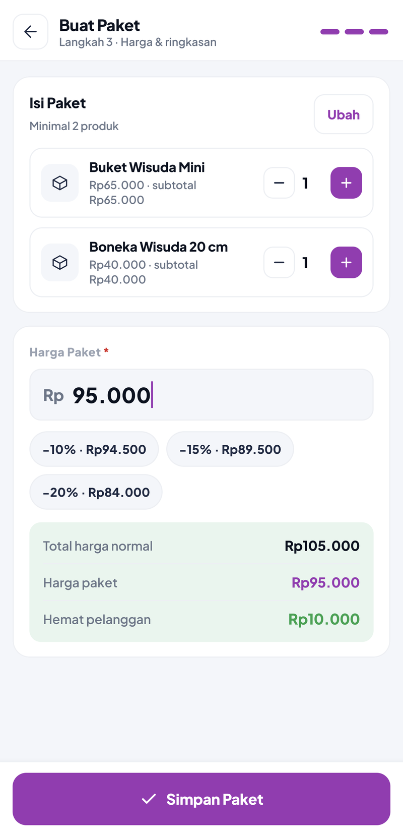 Buat Paket langkah 3: isi paket Buket Wisuda Mini dan Boneka Wisuda 20 cm masing-masing 1, Harga Paket Rp95.000, pintasan diskon 10/15/20%, Total harga normal Rp105.000, Hemat pelanggan Rp10.000