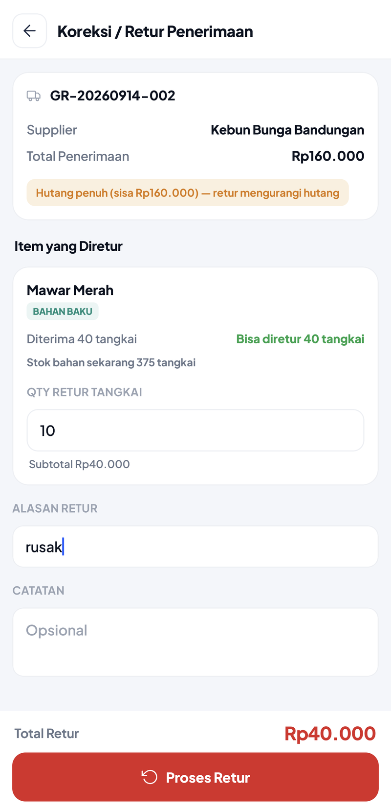 Form Koreksi / Retur Penerimaan untuk GR-20260914-002: Mawar Merah berlabel BAHAN BAKU, diterima 40 tangkai, bisa diretur 40 tangkai, stok bahan sekarang 375 tangkai, Qty Retur 10 dengan subtotal Rp40.000, alasan rusak, Total Retur Rp40.000