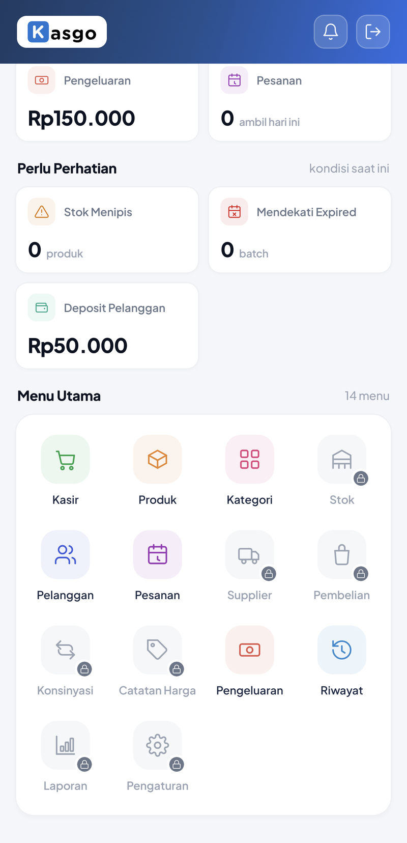 Menu Utama kasir: Kasir, Produk, Kategori, Pelanggan, Pesanan, Pengeluaran, dan Riwayat aktif; Stok, Supplier, Pembelian, Konsinyasi, Catatan Harga, Laporan, dan Pengaturan abu-abu dengan ikon gembok