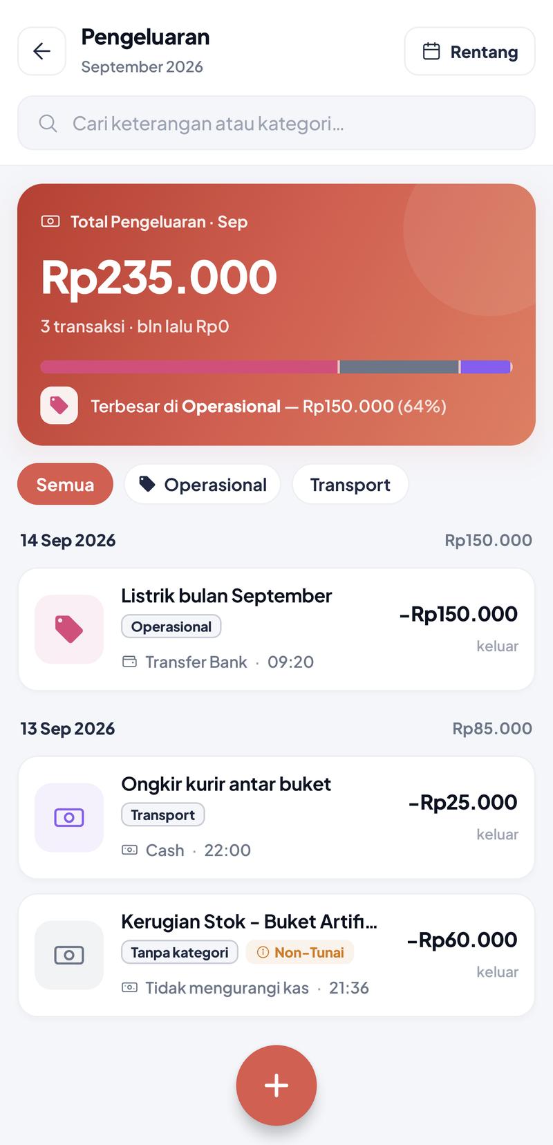 Daftar Pengeluaran: Total Pengeluaran September Rp235.000 dari 3 transaksi, terbesar di Operasional Rp150.000 (64%), filter Semua, Operasional, Transport; 14 Sep 2026 Listrik bulan September Rp150.000 kategori Operasional dibayar Transfer Bank pukul 09:20; 13 Sep 2026 total Rp85.000