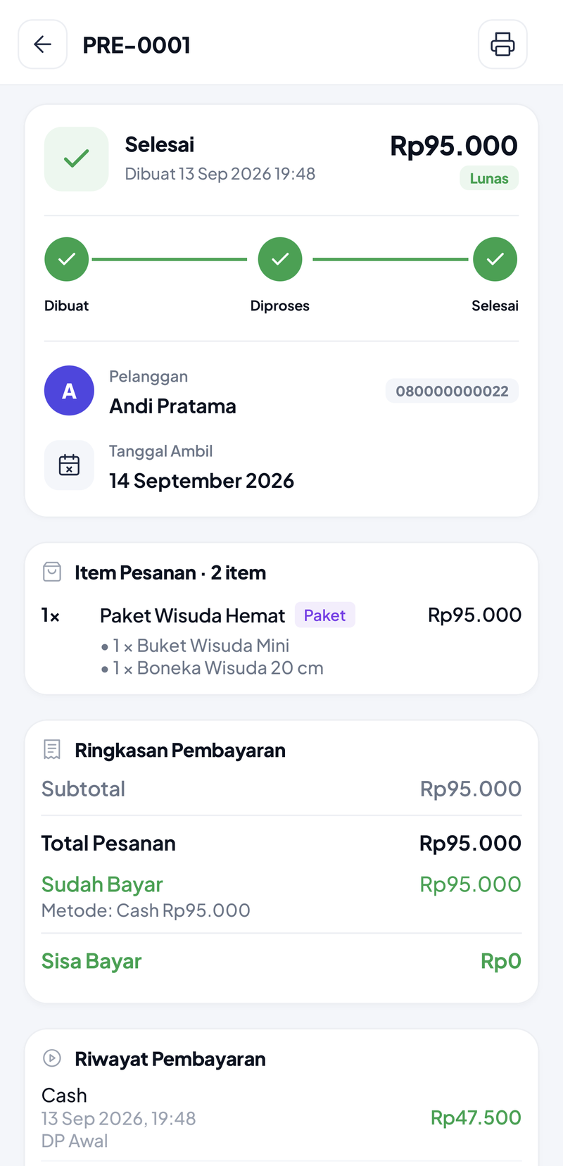 PRE-0001 setelah diselesaikan: status Selesai, Rp95.000 berlabel Lunas, garis waktu Dibuat, Diproses, Selesai tercentang semua, pelanggan Andi Pratama, item Paket Wisuda Hemat