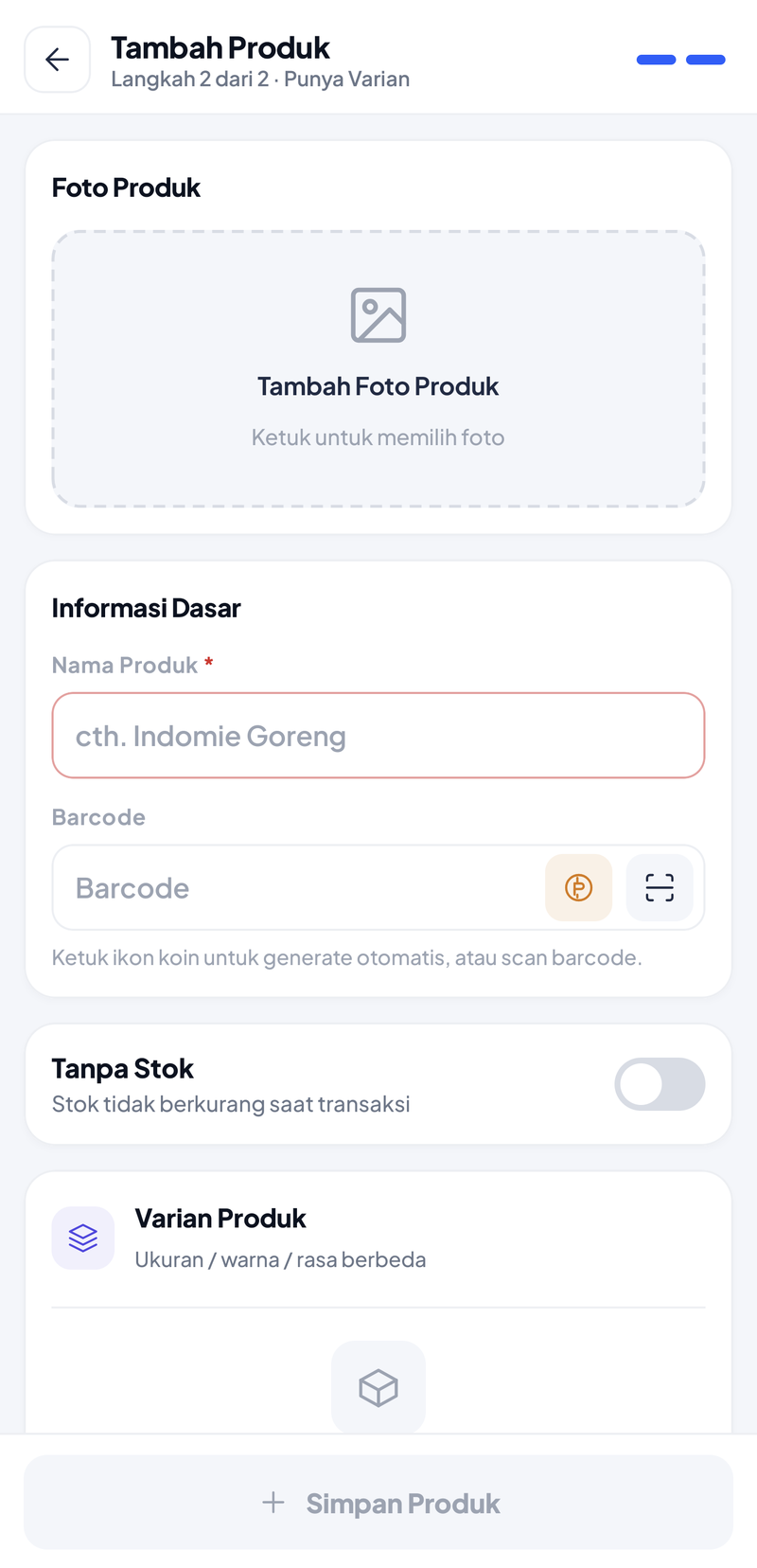 Form Punya Varian: bagian atas sama dengan produk tunggal, ditambah blok Varian Produk