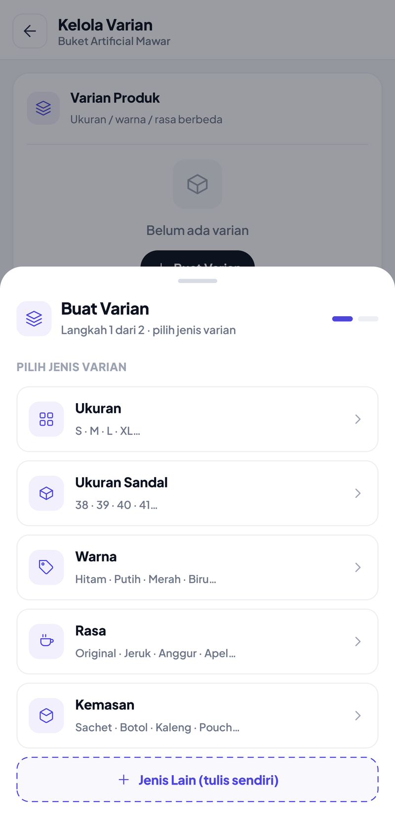Lembar Buat Varian langkah 1: pilihan jenis varian Ukuran, Ukuran Sandal, Warna, Rasa, Kemasan, atau Jenis Lain