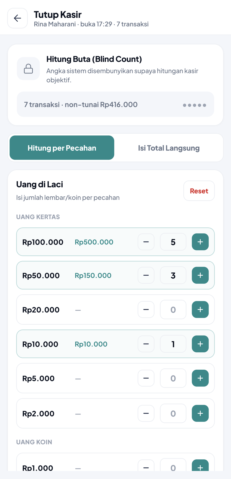Hitung per Pecahan terisi: Rp100.000 sebanyak 5 lembar = Rp500.000, Rp50.000 sebanyak 3 lembar = Rp150.000, Rp10.000 sebanyak 1 lembar = Rp10.000