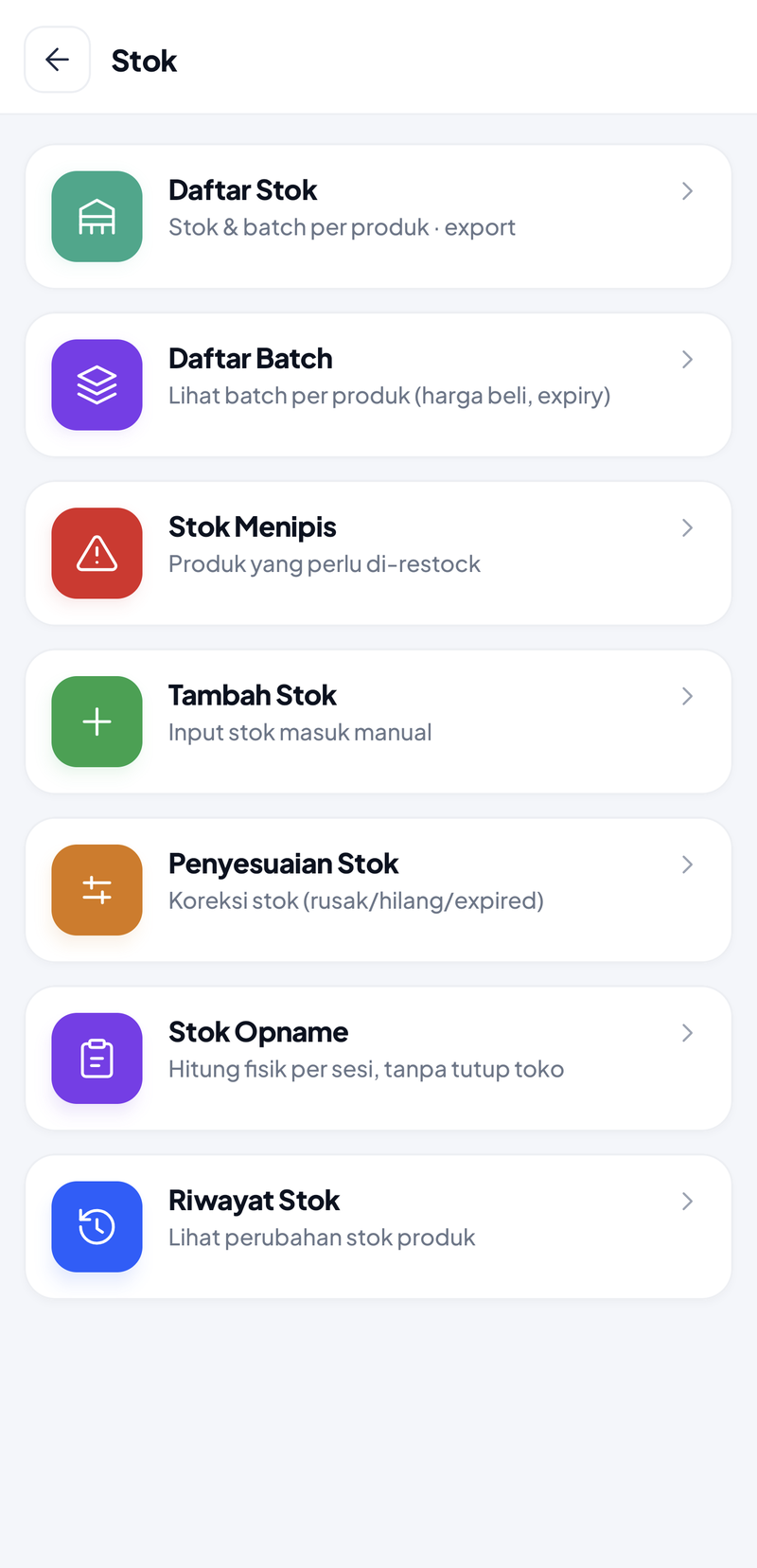 Menu Stok berisi Daftar Stok, Daftar Batch, Stok Menipis, Tambah Stok, Penyesuaian Stok, Stok Opname, dan Riwayat Stok, masing-masing dengan keterangan singkat