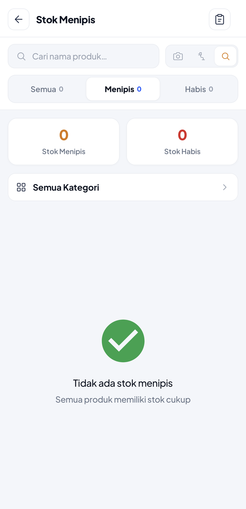 Stok Menipis: ringkasan Semua 0, Menipis 0, Habis 0, dan pesan Tidak ada stok menipis, semua produk memiliki stok cukup
