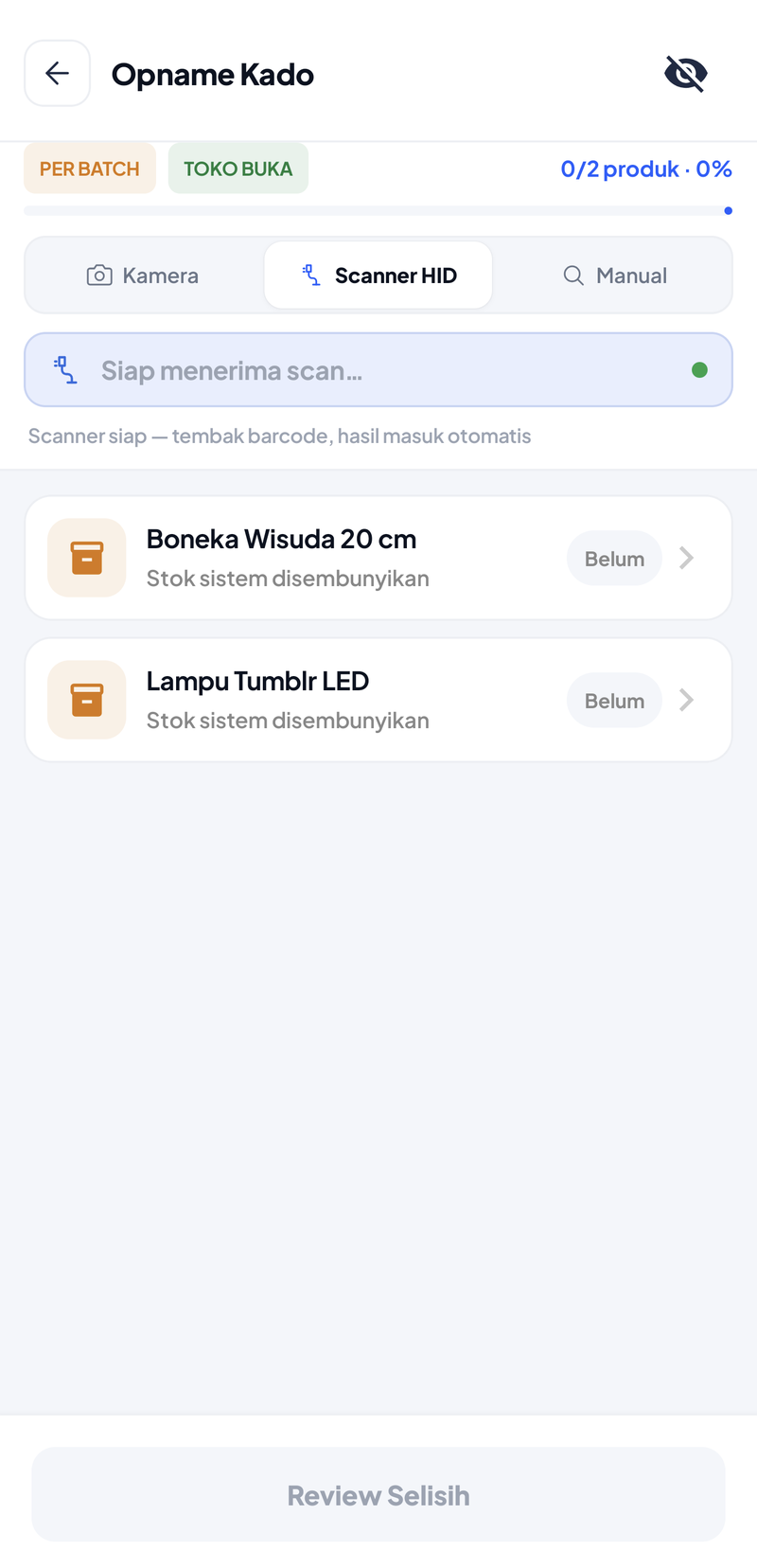 Layar hitung Opname Kado: label Per Batch dan Toko Buka, 0 dari 2 produk, pilihan Kamera, Scanner HID, Manual, daftar Boneka Wisuda 20 cm dan Lampu Tumblr LED dengan stok sistem disembunyikan dan status Belum, tombol Review Selisih
