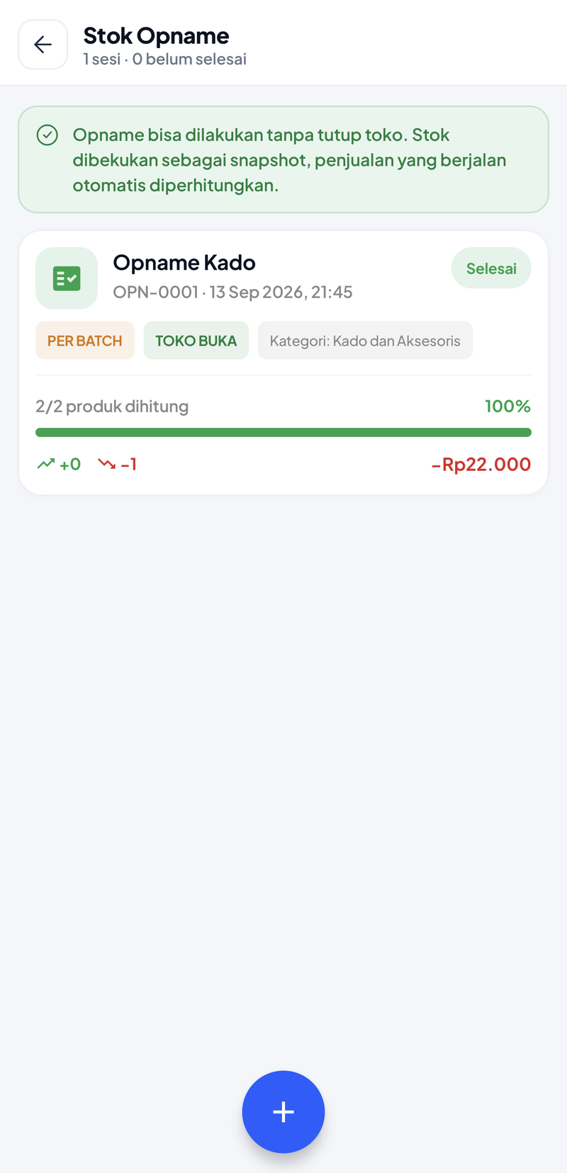 Daftar Stok Opname: OPN-0001 Opname Kado 13 Sep 2026 21:45 berstatus Selesai, Per Batch, Toko Buka, kategori Kado dan Aksesoris, 2 dari 2 produk dihitung 100%, selisih +0 dan −1, nilai −Rp22.000