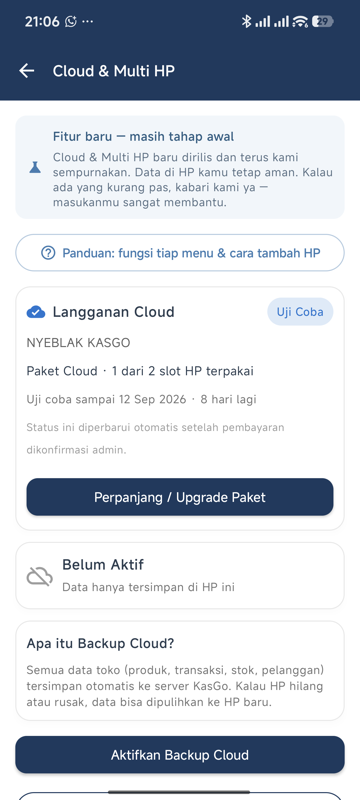 Halaman Cloud & Multi HP — kartu Langganan Cloud dengan nama toko, Paket Cloud 1 dari 2 slot HP terpakai, masa uji coba, tombol Perpanjang / Upgrade Paket, status Belum Aktif, penjelasan Apa itu Backup Cloud, tombol Aktifkan Backup Cloud dan Pulihkan dari Cloud