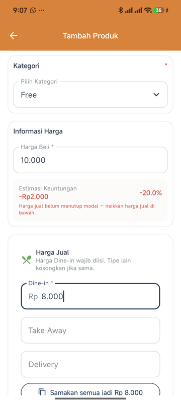 Form Tambah Produk — Harga Beli 10.000 dengan kotak Estimasi Keuntungan minus Rp2.000 minus 20,0% dan tulisan merah Harga jual belum menutup modal, naikkan harga jual di bawah
