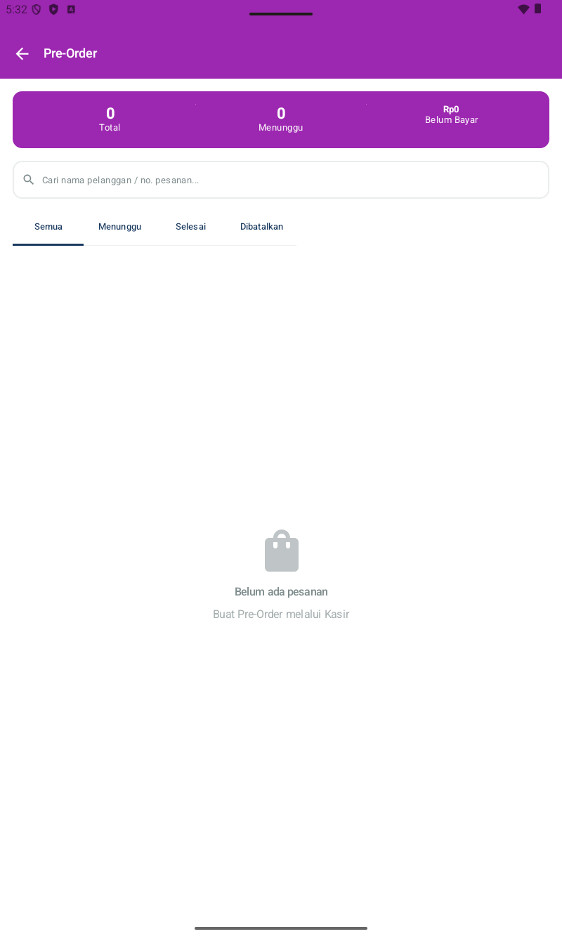 Halaman Pre-Order — header ungu/magenta. Stat card 3 angka: 0 Total | 0 Menunggu | Rp 0 Belum Bayar. Search bar 'Cari nama pelanggan / no. pesanan...'. Filter tabs: Semua (selected), Menunggu, Selesai, Dibatalkan. Empty state: shopping bag icon + 'Belum ada pesanan / Buat Pre-Order melalui Kasir'