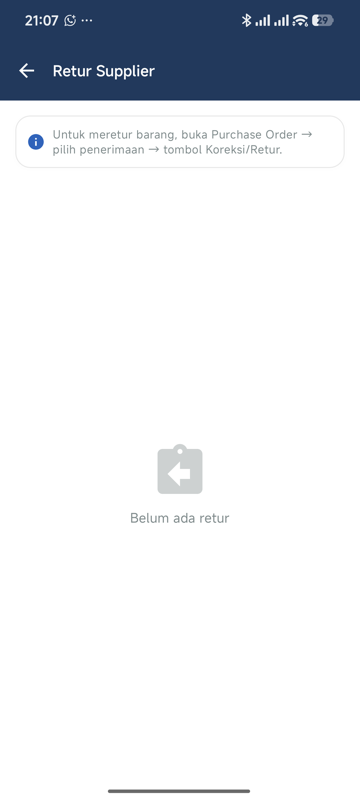 Halaman Retur Supplier kosong dengan keterangan Untuk meretur barang, buka Purchase Order, pilih penerimaan, lalu tombol Koreksi/Retur