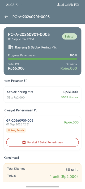 Detail Purchase Order — kartu ringkasan PO, Item Pesanan, dan Riwayat Penerimaan berisi satu penerimaan dengan tombol merah Koreksi / Batal Penerimaan