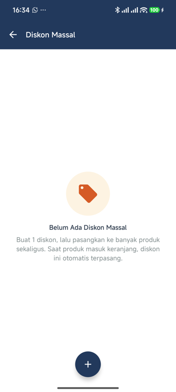 Halaman Diskon Massal kosong dengan pesan Belum Ada Diskon Massal dan penjelasan buat 1 diskon lalu pasangkan ke banyak produk sekaligus, serta tombol Tambah Diskon Massal