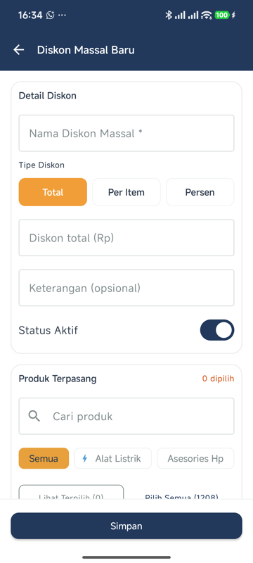 Form Diskon Massal dengan kolom Nama Diskon Massal, pilihan Tipe Diskon Total/Per Item/Persen, kolom nilai diskon, Keterangan, toggle Status Aktif, dan bagian Produk Terpasang dengan pencarian produk