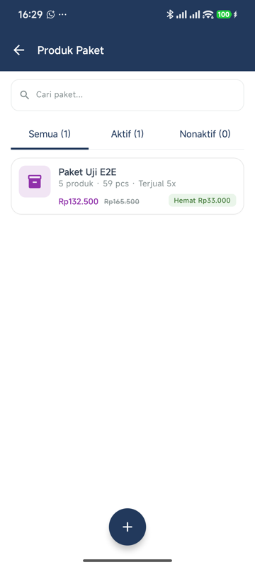 Daftar Produk Paket dengan tab Semua/Aktif/Nonaktif, kartu Paket Uji E2E berisi ringkasan 5 produk 59 pcs Terjual 5x, harga Rp132.500 dengan harga normal Rp165.500 dicoret dan badge Hemat Rp33.000