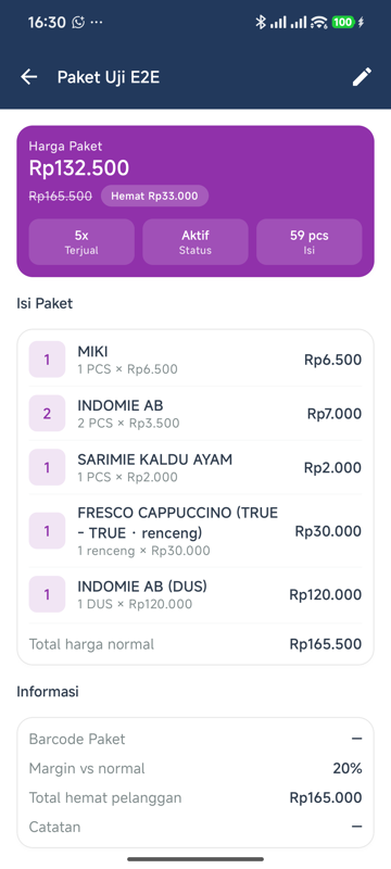 Detail paket — kartu ungu Harga Paket Rp132.500, harga normal Rp165.500 dicoret, badge Hemat Rp33.000, statistik Terjual 5x dan Status Aktif