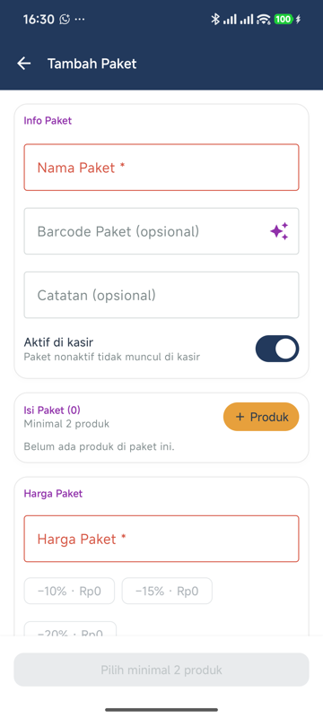 Form Tambah Paket — kolom Nama Paket, Barcode Paket (opsional) dengan tombol Buat otomatis, Catatan, toggle Aktif di kasir, dan bagian Isi Paket