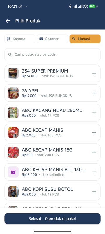 Halaman pilih produk untuk paket — chip Kamera/Scanner/Manual, kolom cari produk atau barcode, daftar produk dengan stok