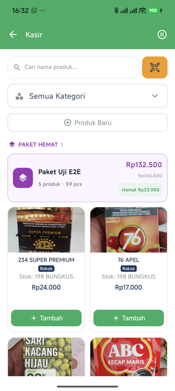 Halaman Kasir dengan banner PAKET HEMAT di atas daftar produk, menampilkan Paket Uji E2E dengan harga paket dan badge hemat