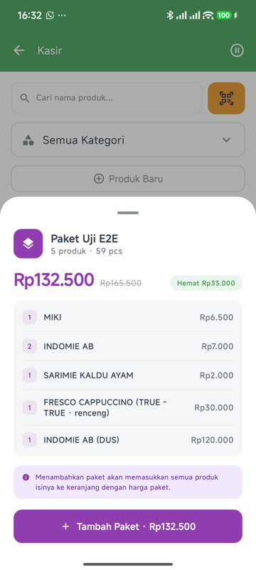 Bottom sheet isi paket menampilkan daftar produk di dalam paket beserta jumlah dan harga, dengan tombol Tambah Paket di bawah