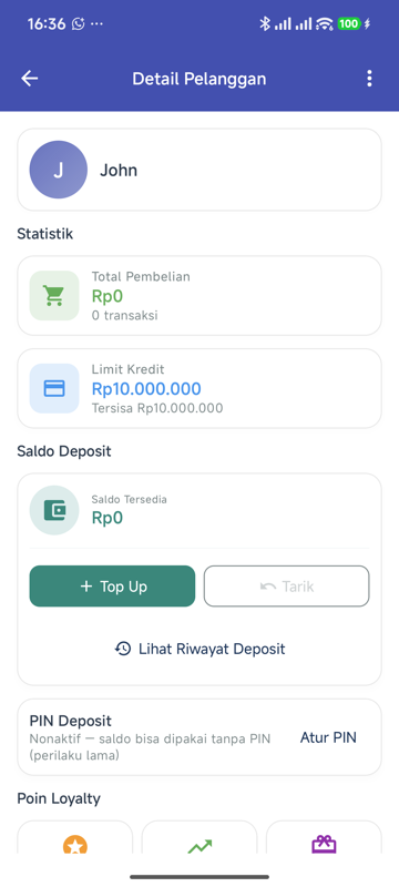 Detail pelanggan bagian Saldo Deposit menampilkan Saldo Tersedia, tombol Lihat Riwayat Deposit, dan pengaturan PIN Deposit yang berstatus nonaktif