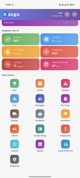 Halaman home dengan Ringkasan Hari Ini berisi enam kartu termasuk Jual Rugi dan Mendekati Expired, serta Menu Utama berisi 16 entri termasuk Kanvas dan Cloud & Multi HP