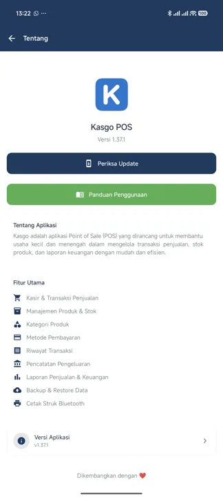 Halaman Tentang dengan nama dan versi aplikasi, tombol Periksa Update, tombol Panduan Penggunaan, daftar fitur utama, dan baris Versi Aplikasi